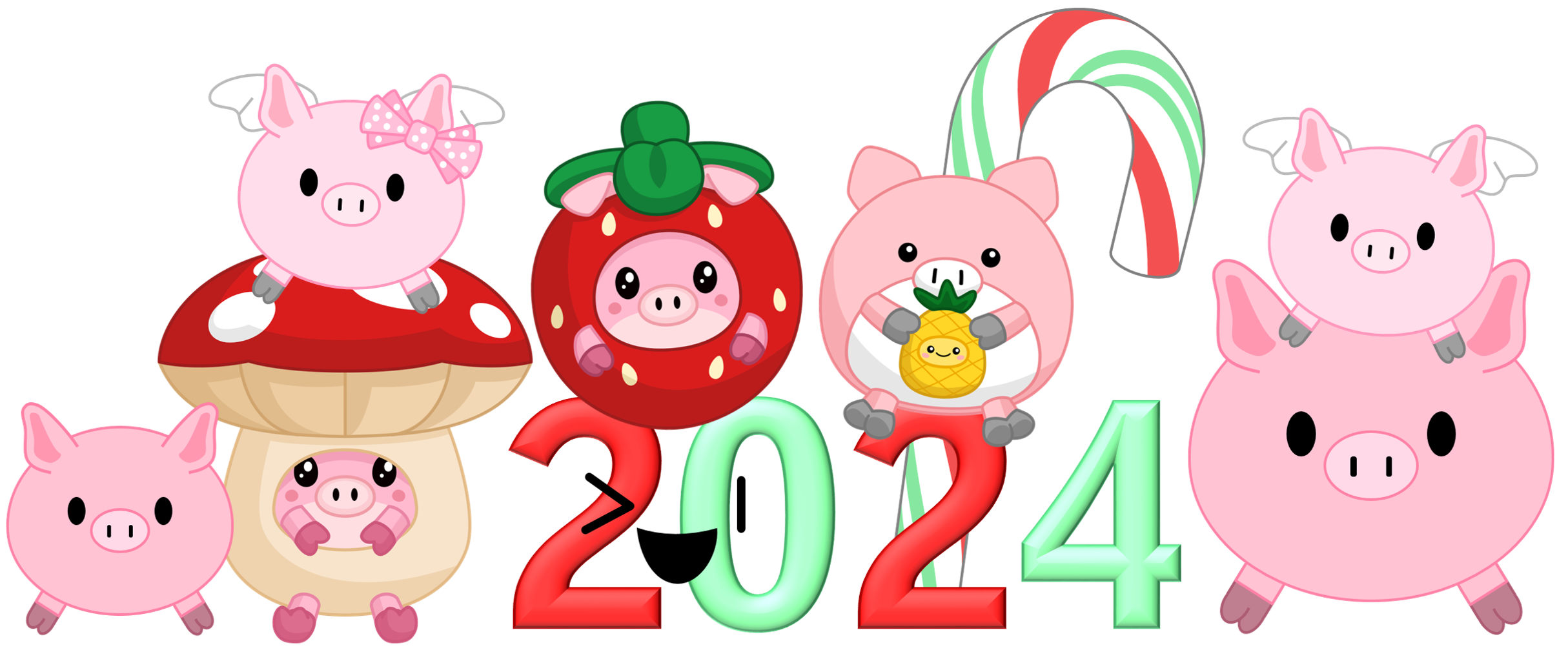 many toy pigs with a red and green candy cane and a happy red and green 2024