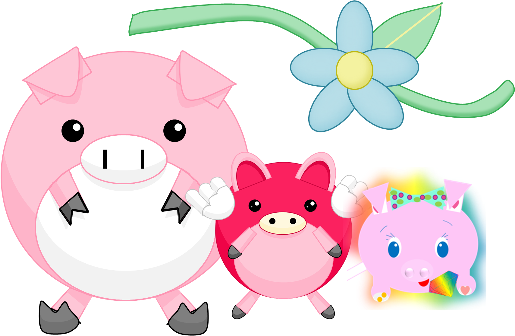 Big pig, FlyPig, New Pig, and a blue flower